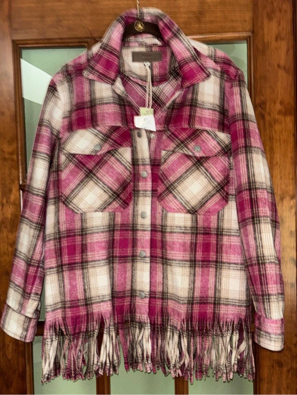 New! BLANK NYC Woodstock Pink Plaid Fringe Detail Shacket Sz Small - Picture 4 of 14
